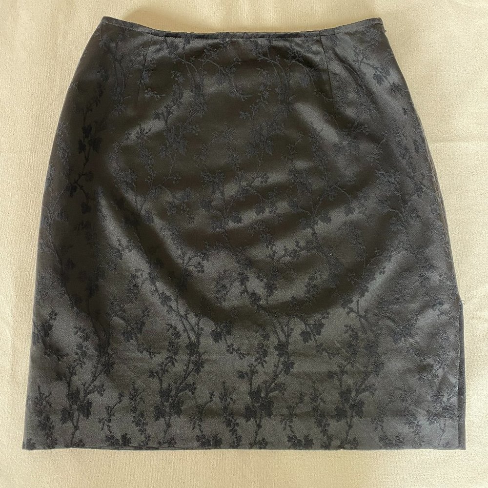 Philippe Adec Black on Black Silk Brocade Cherry Blossom Mini Skirt, Size 4